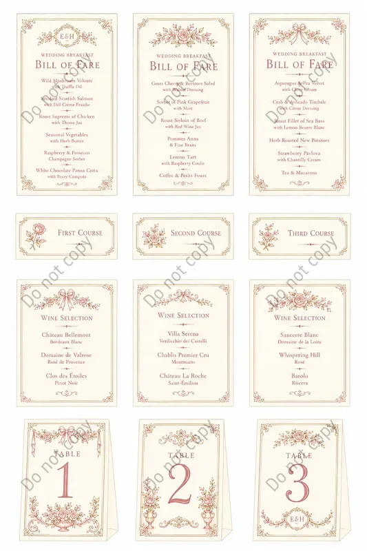 Bill Of Fare Card Sheets