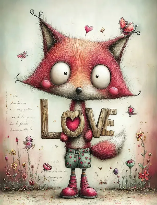 Whimsical Valentine Animals Mixed Media