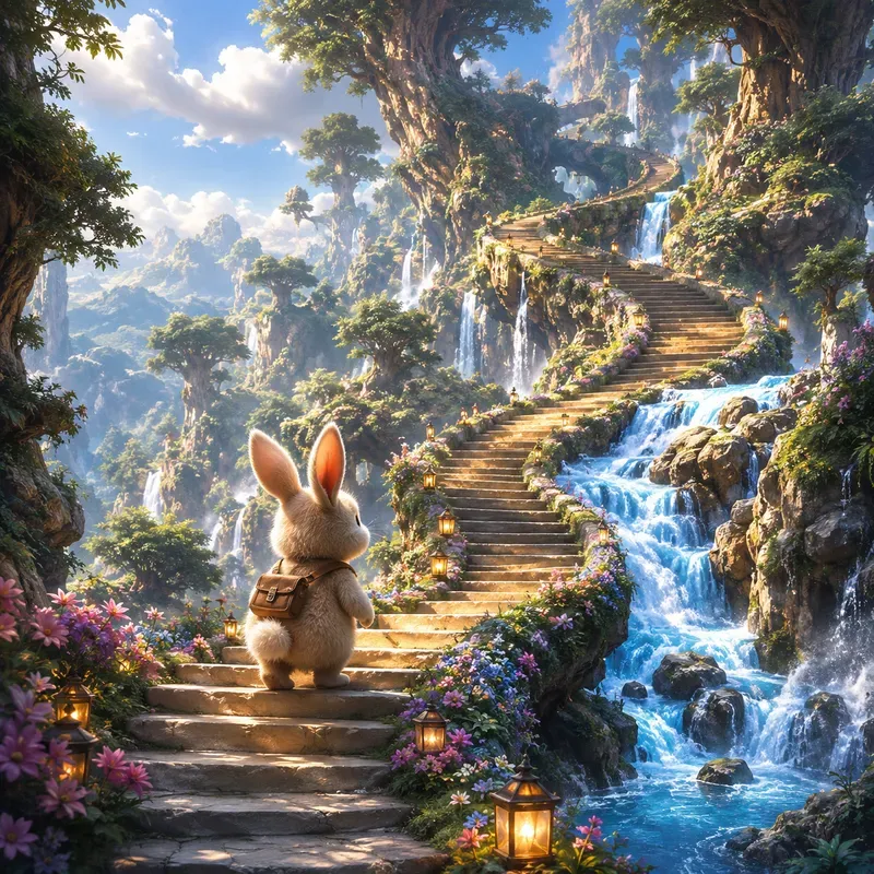 Cute Animals On Magical Stairways