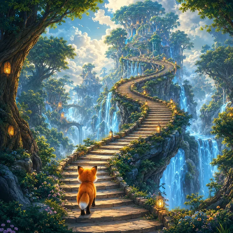 Cute Animals On Magical Stairways