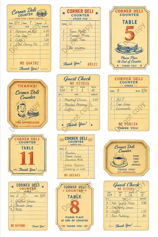 Diner Guest Check Cutout Sheets