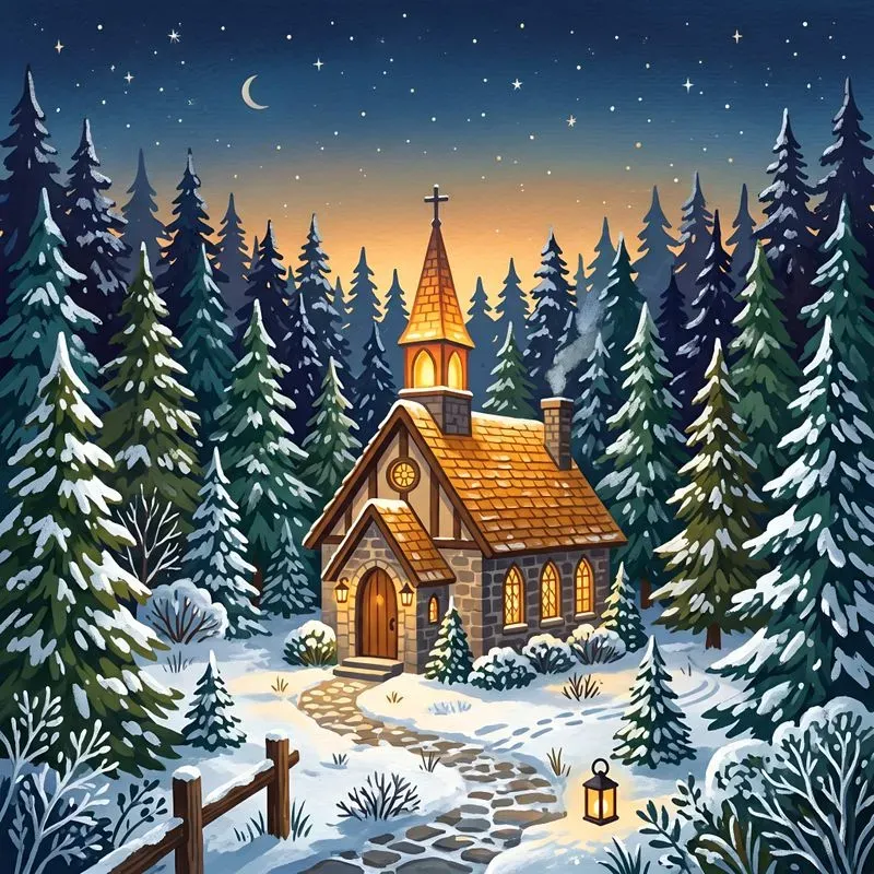 Cozy Pine Forest Cabin Gouache Art