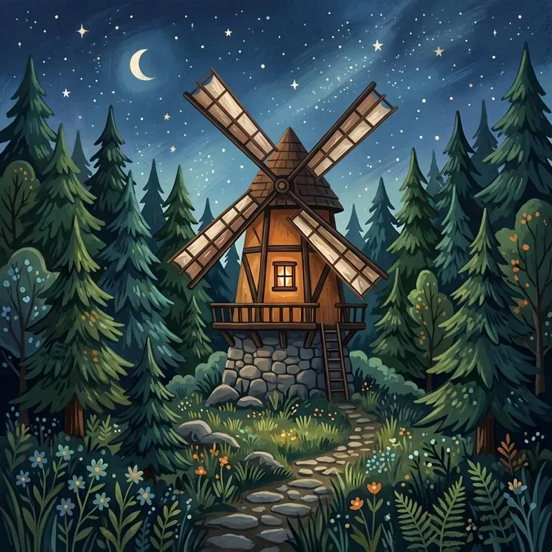 Cozy Pine Forest Cabin Gouache Art