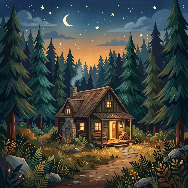 Cozy Pine Forest Cabin Gouache Art