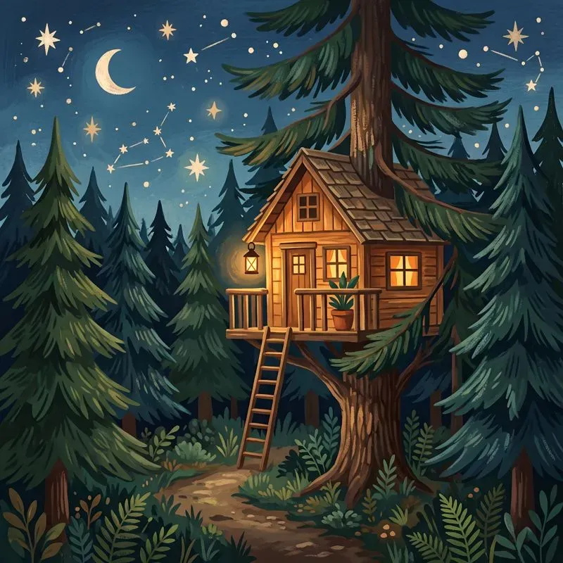 Cozy Pine Forest Cabin Gouache Art