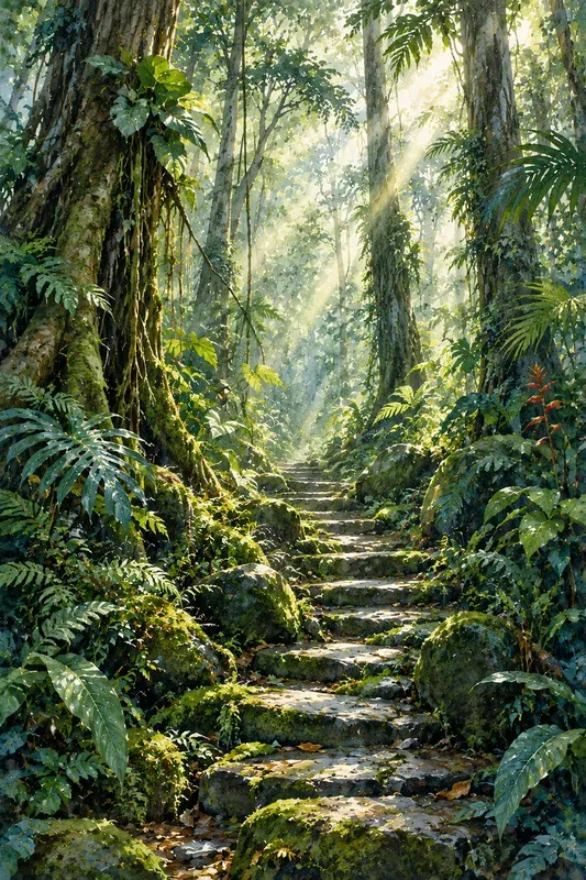 Dreamy Morning Forest Watercolor Art