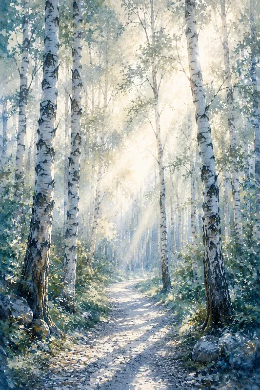 Dreamy Morning Forest Watercolor Art