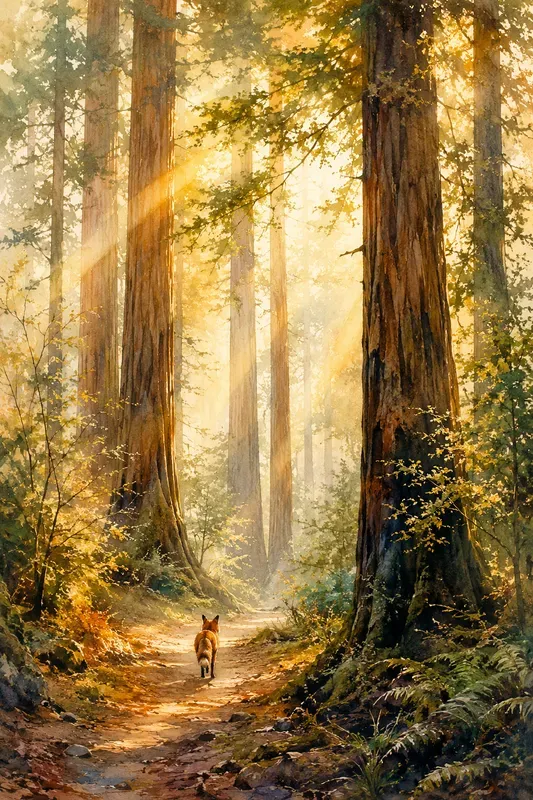 Dreamy Morning Forest Watercolor Art