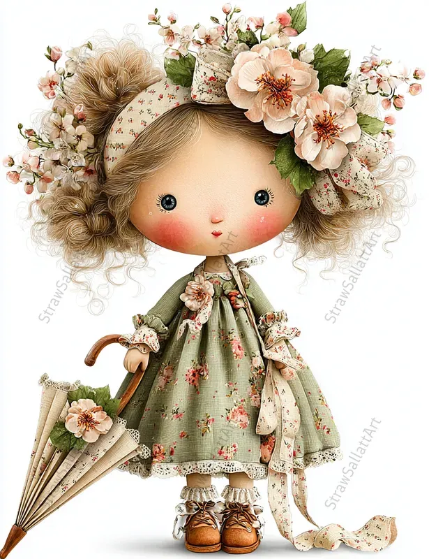 Whimsical Cottagecore Girl Doll Cliparts