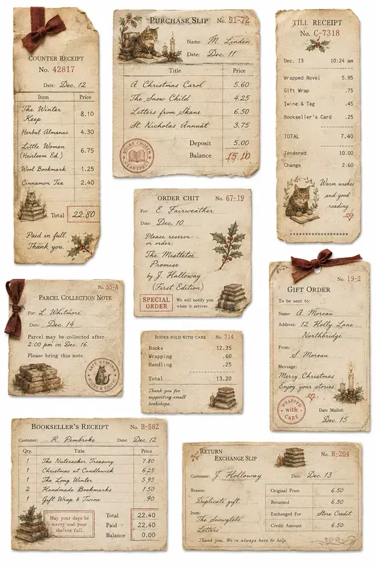 Cozy Cat Bookshop Vintage Receipts