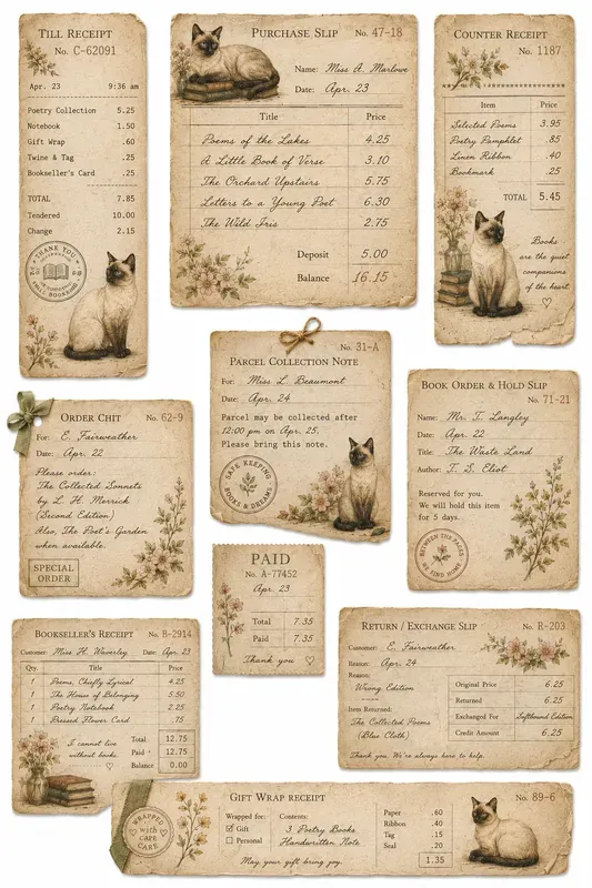 Cozy Cat Bookshop Vintage Receipts