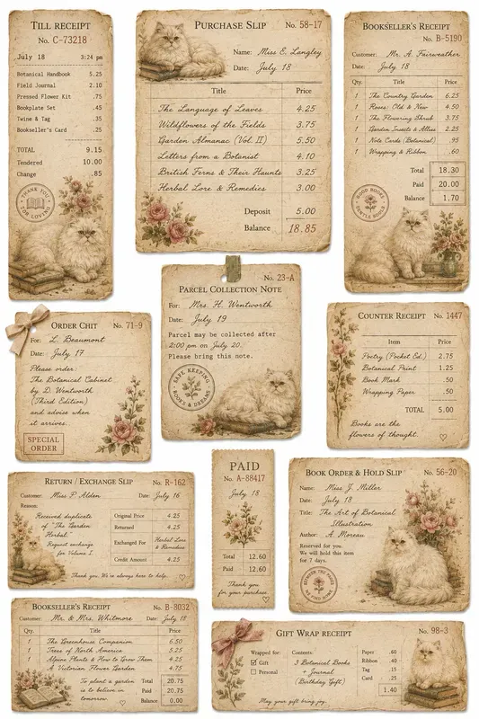 Cozy Cat Bookshop Vintage Receipts