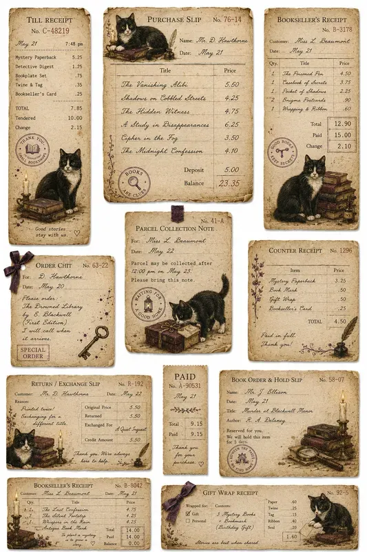 Cozy Cat Bookshop Vintage Receipts