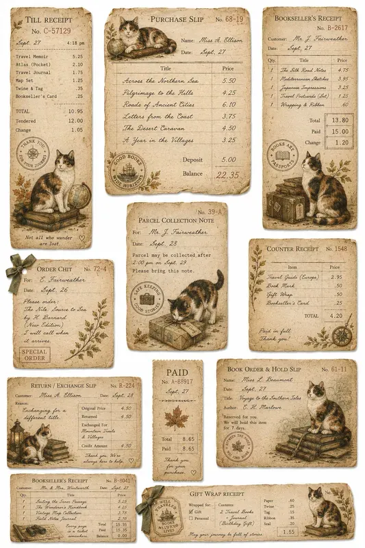 Cozy Cat Bookshop Vintage Receipts