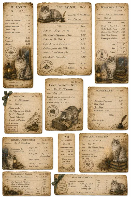 Cozy Cat Bookshop Vintage Receipts