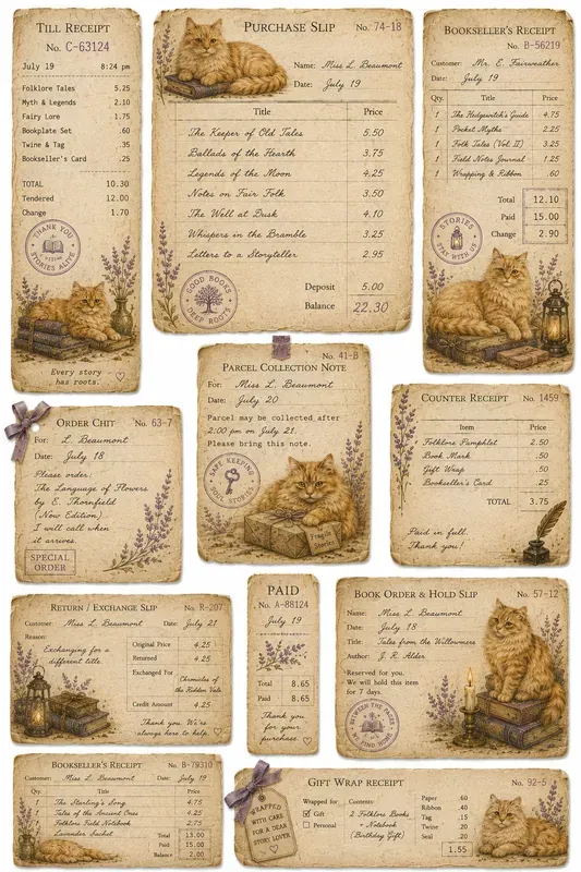 Cozy Cat Bookshop Vintage Receipts