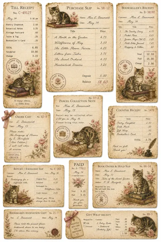 Cozy Cat Bookshop Vintage Receipts