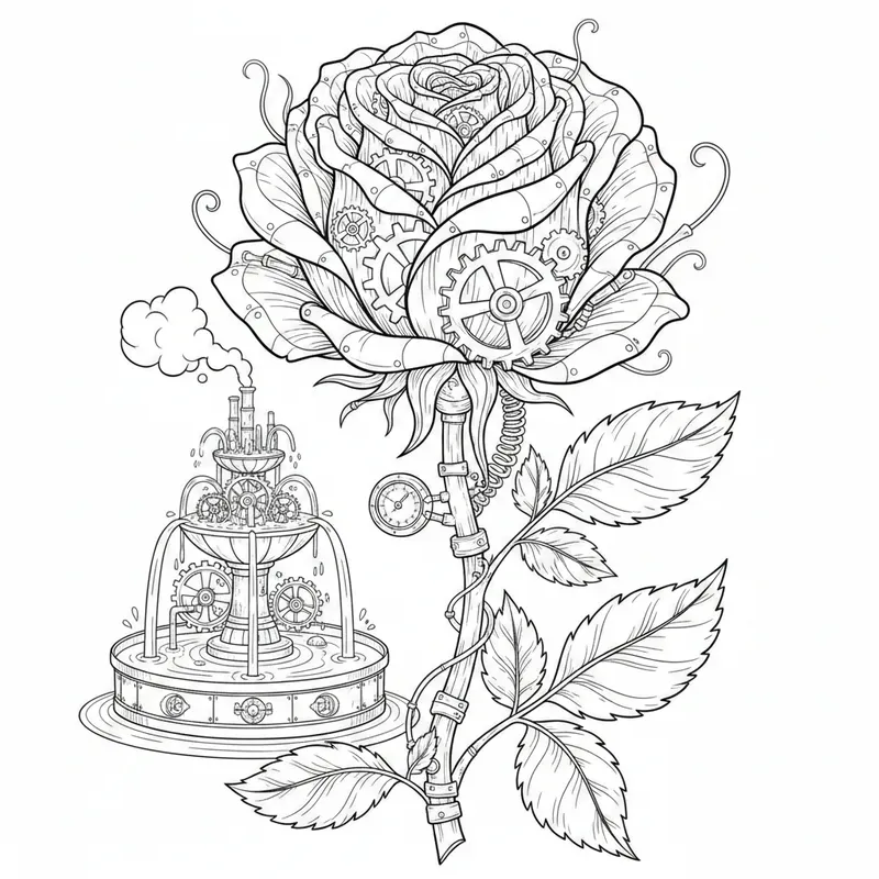 Steampunk Mechanical Garden Coloring