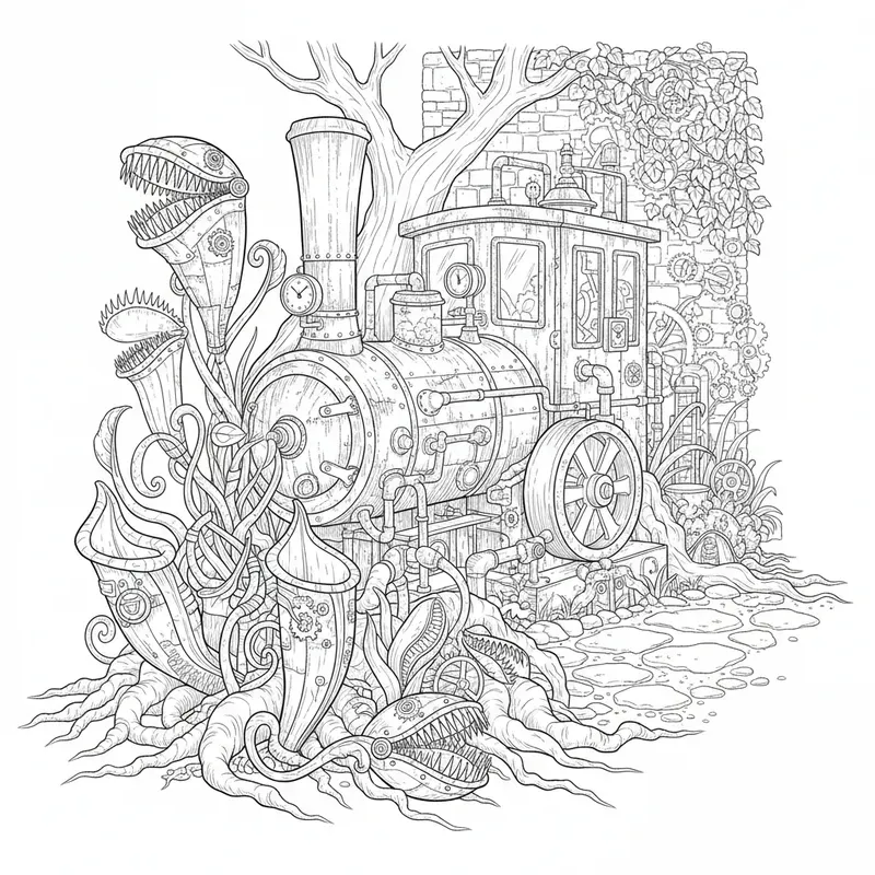 Steampunk Mechanical Garden Coloring