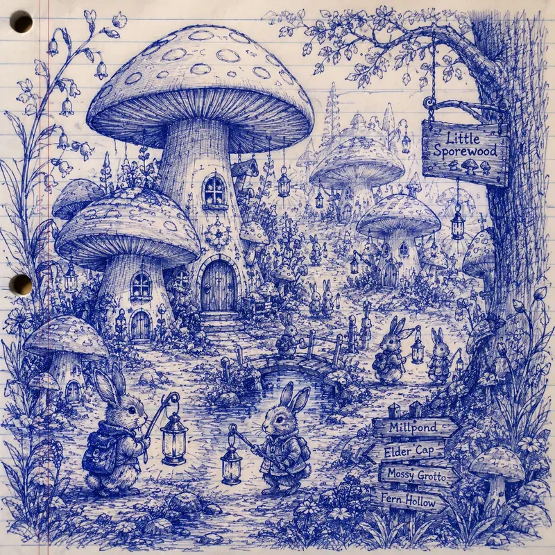 Whimsical Blue Ink Sketch Scene Generator
