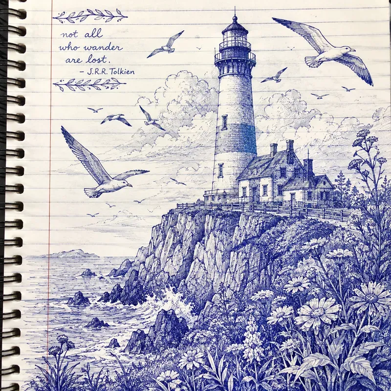 Whimsical Blue Ink Sketch Scene Generator