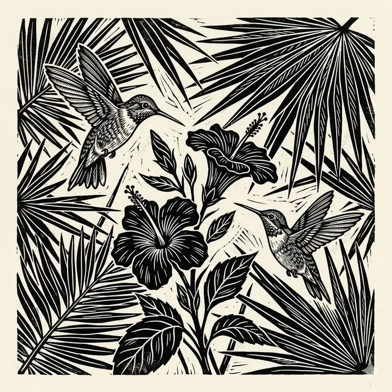 Monochrome Linocut Jungle Botanicals