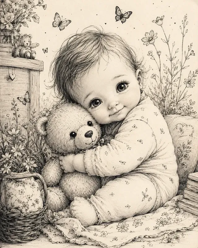Whimsical Ink Pencil Baby Portraits