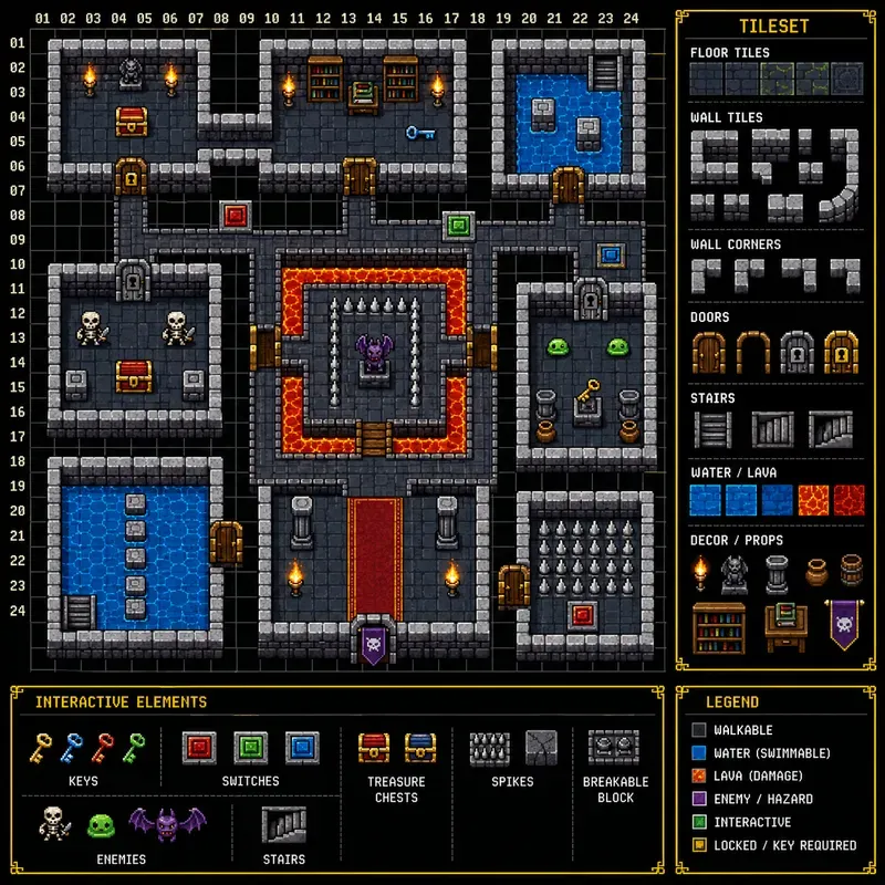 Pixel Art 2D Game Level Layouts With Tiles