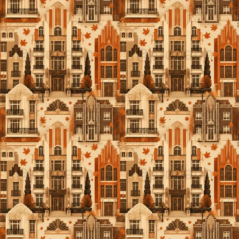 Autumn Art Deco Building Seamless Patterns
