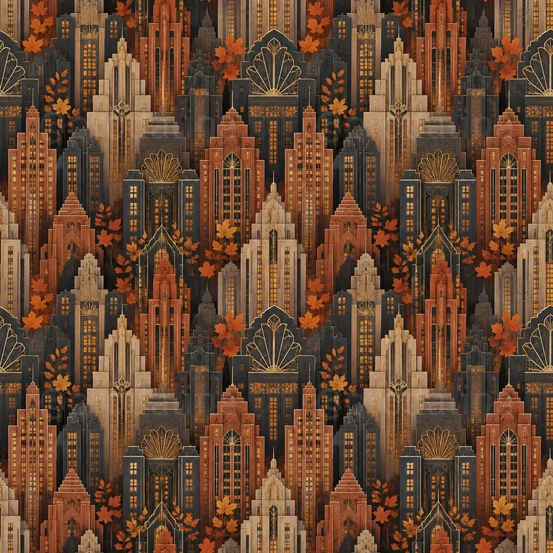 Autumn Art Deco Building Seamless Patterns