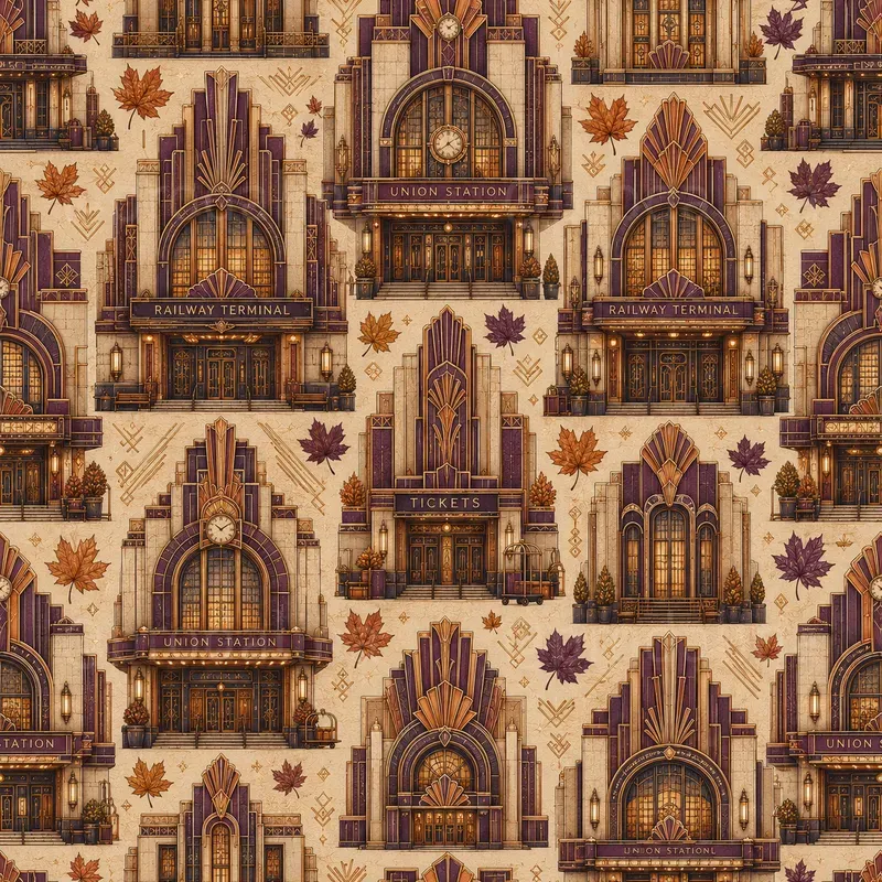 Autumn Art Deco Building Seamless Patterns