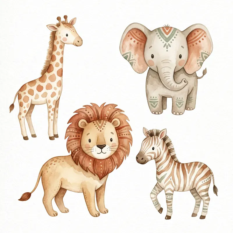 Boho Safari Animals Watercolor Clipart