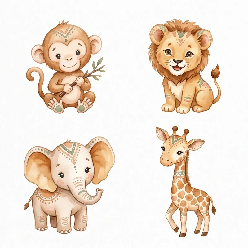 Boho Safari Animals Watercolor Clipart