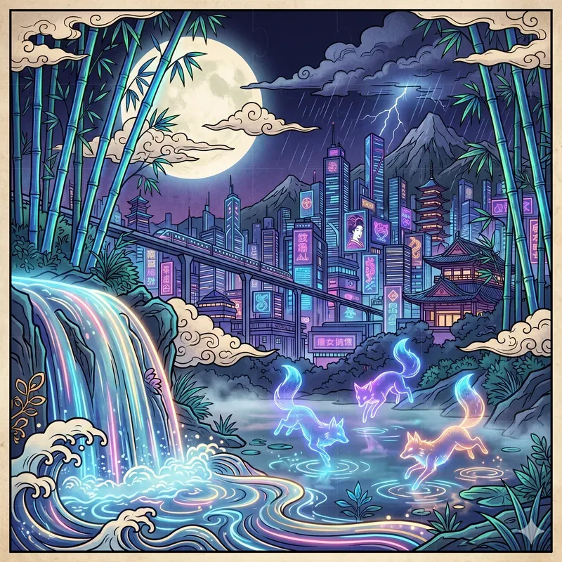 Cyberpunk Ukiyoe Landscapes