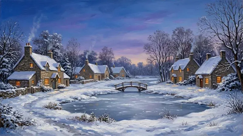 Vintage Oil Winter Village Frame Tv Art