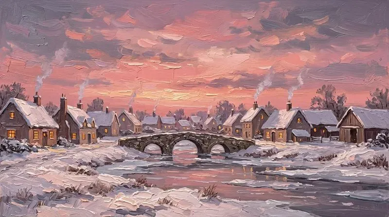 Vintage Oil Winter Village Frame Tv Art