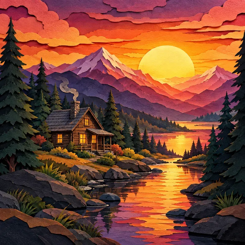Sunset Layered Landscape Art