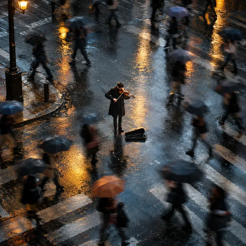 Rainy Crowd Cinematic Solitude Descriptions