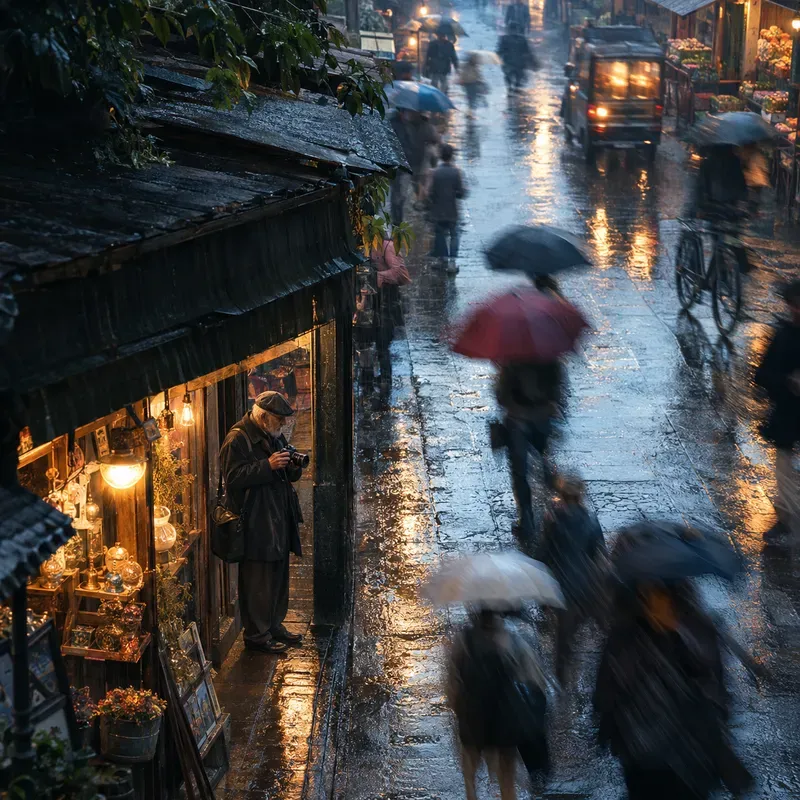 Rainy Crowd Cinematic Solitude Descriptions