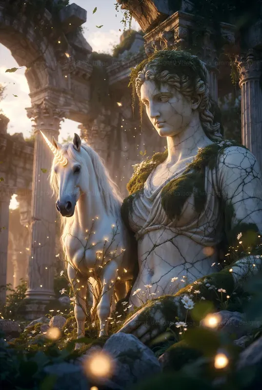 Mystical Creatures In Overgrown Ruins
