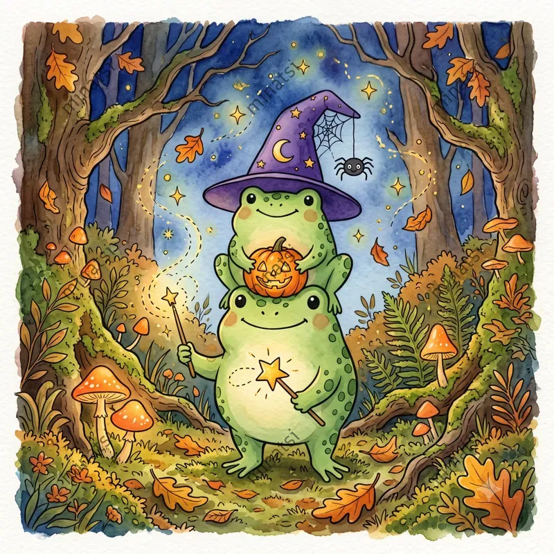 Halloween Frog Watercolor Storybook Art