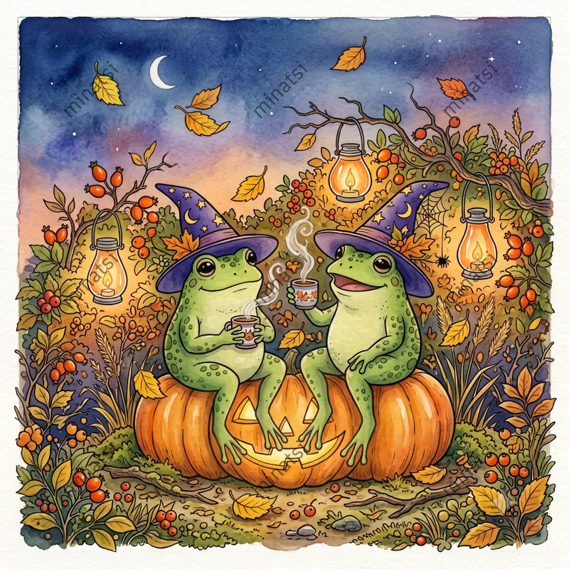 Halloween Frog Watercolor Storybook Art