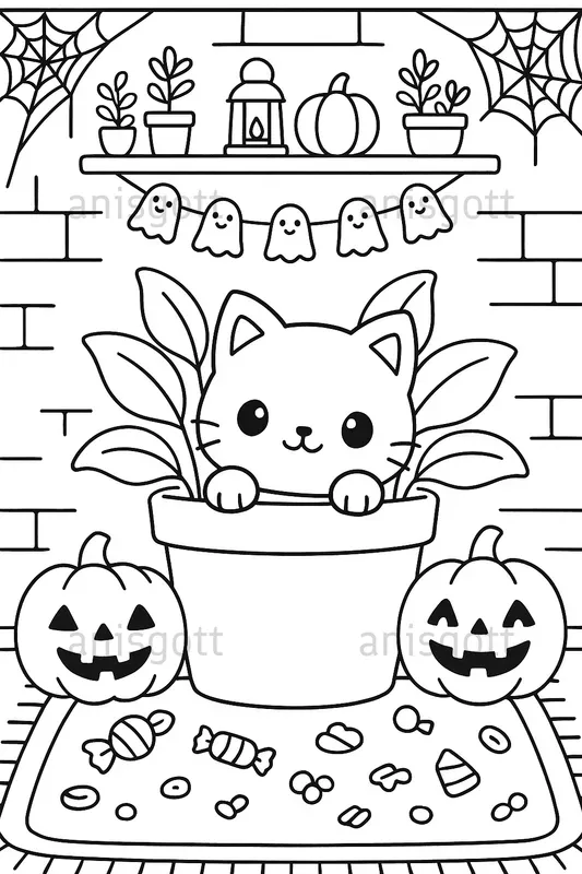 Cozy Spooky Cats Halloween Coloring Pages