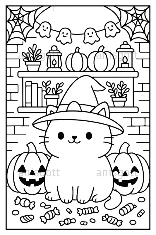 Cozy Spooky Cats Halloween Coloring Pages