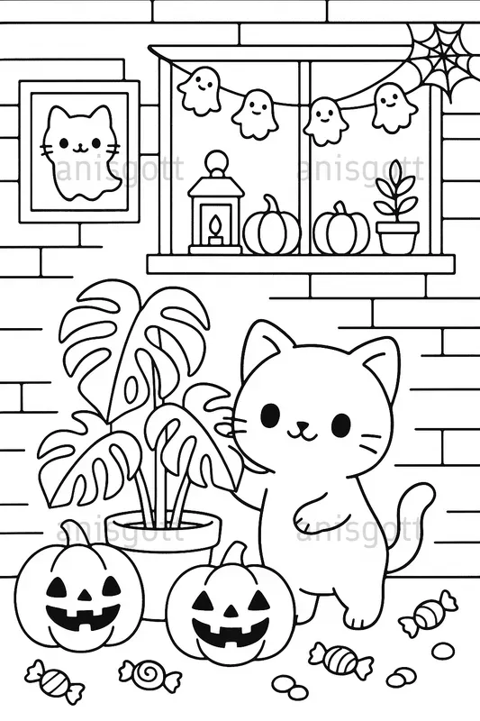 Cozy Spooky Cats Halloween Coloring Pages