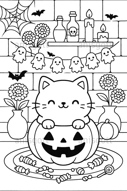 Cozy Spooky Cats Halloween Coloring Pages