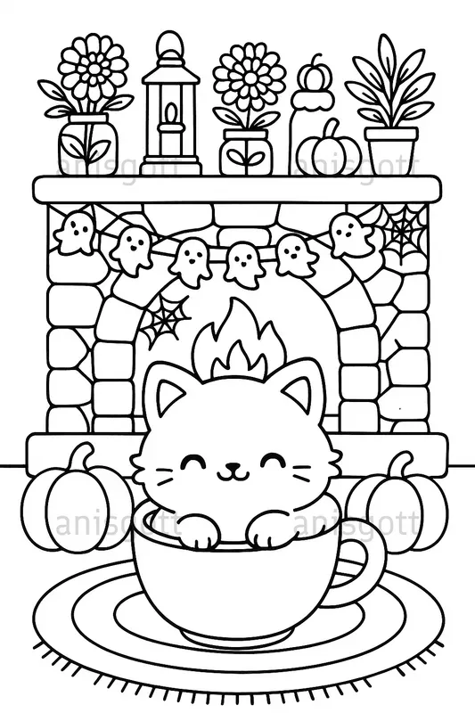 Cozy Spooky Cats Halloween Coloring Pages