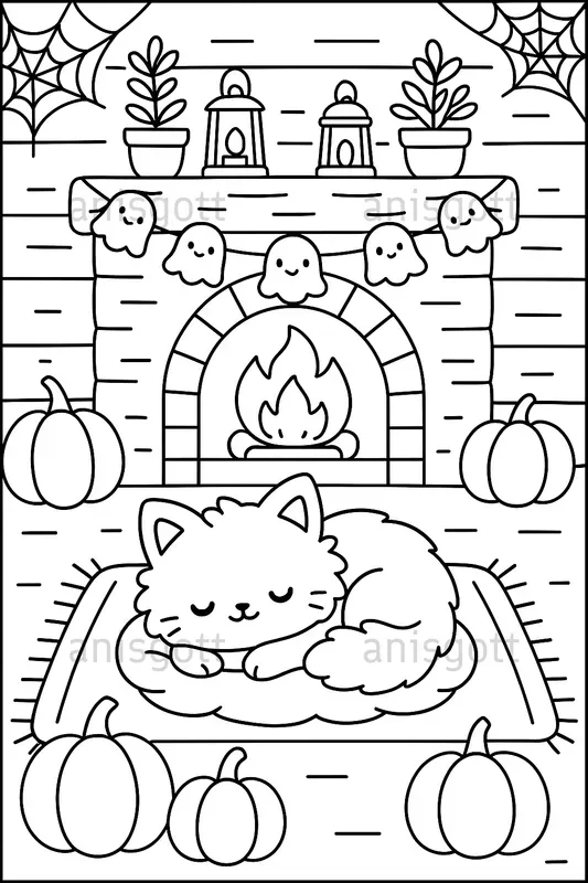 Cozy Spooky Cats Halloween Coloring Pages