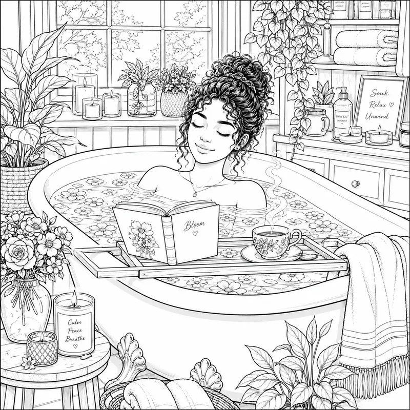 Relaxing Spa Bath Coloring Art Scenes