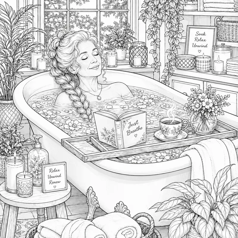 Relaxing Spa Bath Coloring Art Scenes